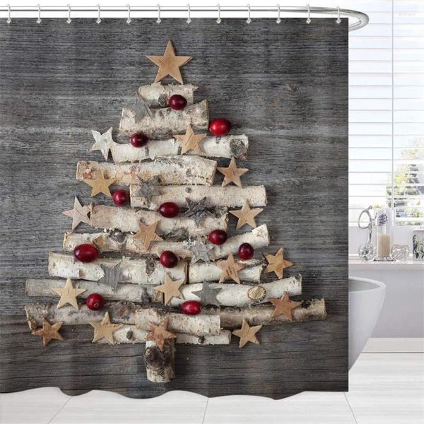 Cortinas de ducha Cortina de moda Árbol de Navidad único Patrón de madera de país con gancho Tela impermeable Decoración de baño