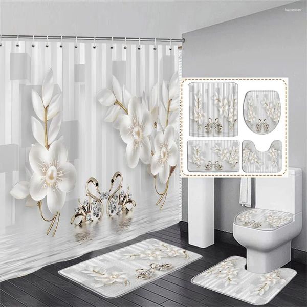 Rideaux de douche mode perle rideau floral ensemble diamant swan blanc bande géométrique femme maison décor de salle de bain nattes de bain couvercle de couvercle de couvercle de toilette