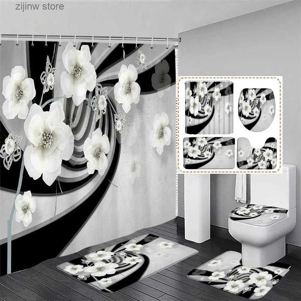 Rideaux de douche Mode Perle Floral Rideau De Douche Ensemble Gris Noir Rideaux À Rayures Géométriques Avec Tapis De Bain Couvercle De Toilette Couverture Salle De Bain Décoration Y240316