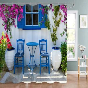 Rideaux de douche Clôture Fleurs Fenêtre bleue Nature Plantes florales Paysage Jardin moderne Tenture murale Décor de salle de bain avec crochets