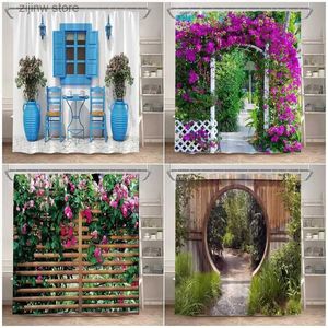 Douchegordijnen Hek Bloemen Douchegordijnen Blauw Raam Natuur Bloemen Planten Landschap Modern Tuin Muur Hangend Thuis Badkamer Decor met Haken Y240316