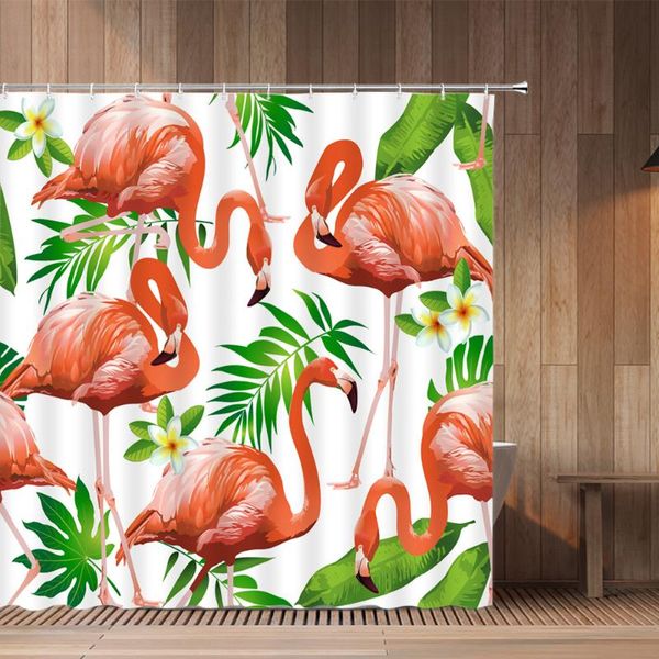 Rideaux de douche flamant rose Animal perroquet oiseau imprimé Tropical vert plante feuilles fleurs Cactus baignoire décor suspendu ensemble de rideaux