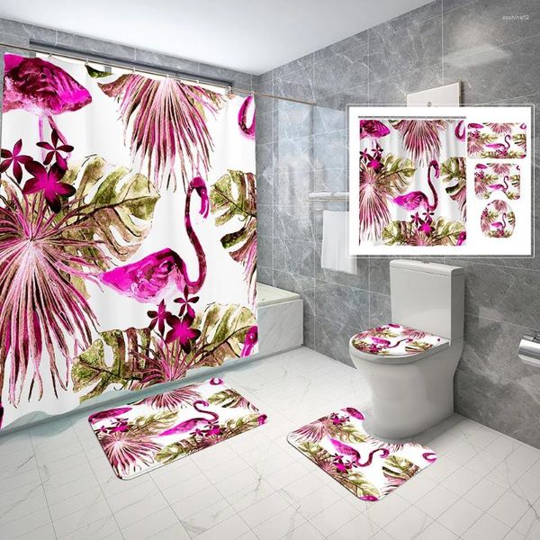 Rideaux de douche Flamingo Rideau Tapis antidérapant Tapis de toilette Ensemble de salle de bain Tissu imperméable Plantes vertes Fleur et oiseau Décor à la maison
