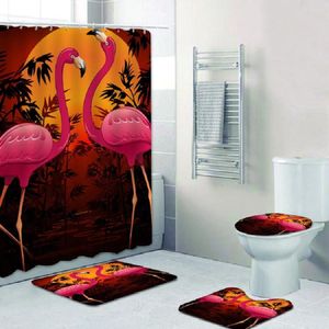 Douchegordijnen Flamingo Gordijn Set Tropische Plant Groen Blad Antislip Wc Mat Thuis Badkamer Decor