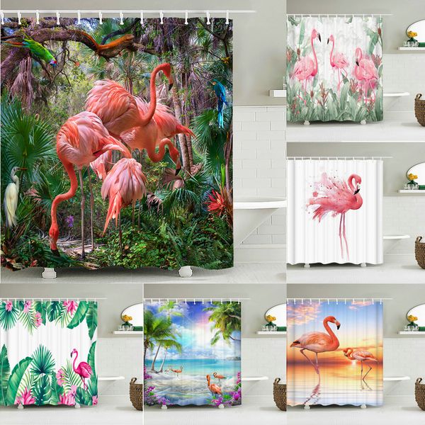 Rideaux de douche Flamingo Vert Feuille Salle De Bains Étanche Polyester Tissu Impression Rideau Décoration Écran De Bain L220922