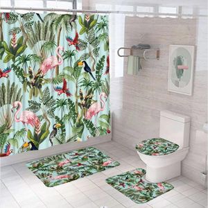 Rideaux de douche Flamingo Parrot Toucan Salle de bain rideau de salle de bain Tropical Bird Jungle Palm Feuille de feuilles de salle de bain Mat de bain Tapis de toilette Couvercle de siège