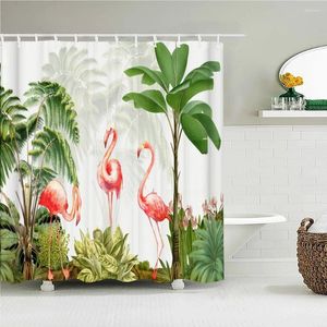 Douchegordijnen Flamingo Patroon Stoffen Gordijn Waterdichte tropische planten Palmbomen Bad voor badkamerdecoratie met 12 haken