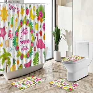 Rideaux de douche Flamingo plantes vertes tropicales ensemble de rideau de douche fruits d'été ananas pastèque citron tapis de bain couverture de toilette tapis de salle de bain Y240316