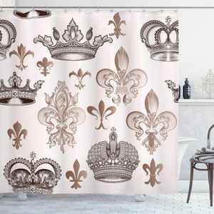 Douchegordijnen fleur de lis gordijn kronen en fleur-de-lis vormen in gegraveerde stijl roem symbolisch kunstwerk print badkamer decor set
