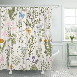 Cortinas de Chuveiro Flora Vintage Padrão Floral Ervas e Flores Silvestres Estilo Botânico Gravação Colorido Vitoriano Boho Cortina de Chuveiro Impermeável 230322