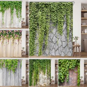 Rideaux de douche rideau de mur de briques floraux verdure de printemps pierre verte feuille de feuille rustique vigne polyester tissu de salle de bain décoration de salle de bain