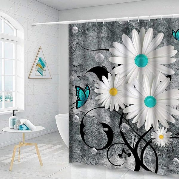 Rideaux de douche Rideau de papillon floral Marguerite blanche pour salle de bain Ferme rustique avec 12 crochets