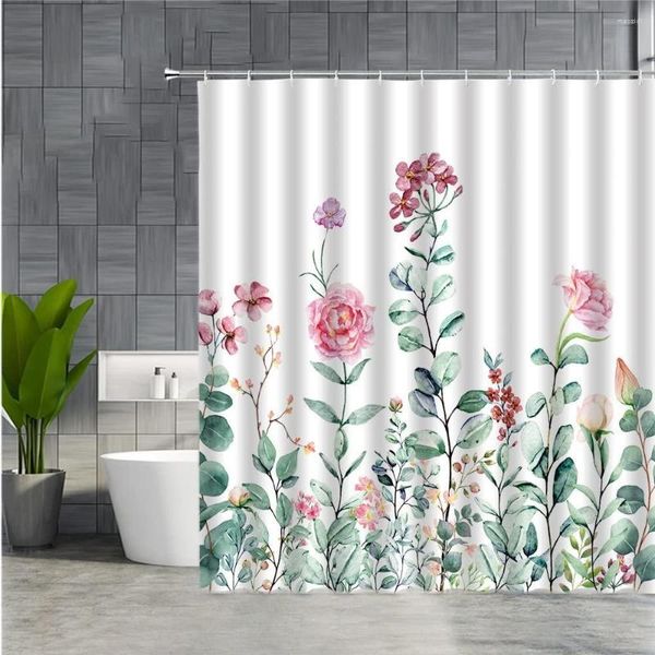 Rideaux de douche rideau floral salle de bain aquarelle rouge Rose fleur sauvage feuilles vertes plante ferme tissu imperméable avec crochets