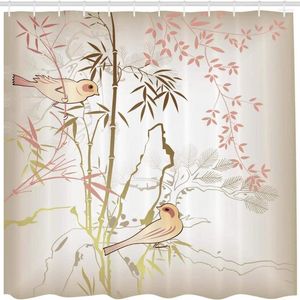 Rideaux de douche rideau floral feuilles de bambou naturel et branches de billets d'oiseau Dessin de salle de bain en tissu imperméable