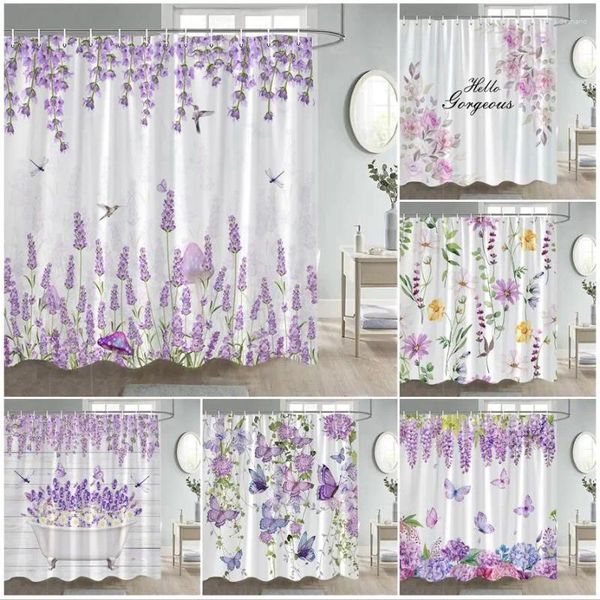 Rideaux de douche rideau floral violet lavande papillon libellule aquarelle fleurs plantes salle de bain moderne tissu décor à la maison