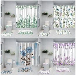 Rideaux de douche Ensemble de rideaux floraux Aquarelle Fleurs Papillon Plante verte Feuilles Moderne Maison Salle de bain Décor Tapis de bain Couvercle de couvercle de toilette