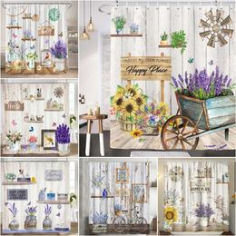 Douchegordijnen Bloemengordijn Lente Boerderij Paarse Bloem Vlinder Wilde bloemen Rustiek Houten Paneel Schuur Polyester Stof Badkamer Decor Set