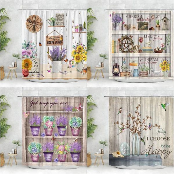 Rideaux de douche rideau floral de la ferme de printemps papillon rustique en bois rustique camion aquarelle camion en pot en polyester tissu de salle de bain décoration de salle de bain