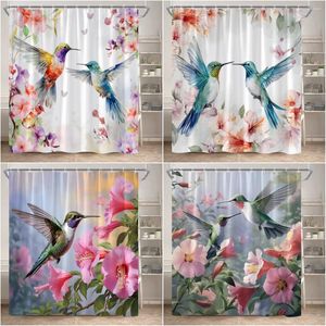 Rideaux de douche rideau floral Spring Watercolor Farm Hummingbird Butterfly Leaf Green Polyester Fabric de salle de bain lavable