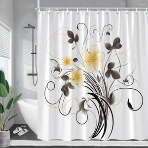 Rideaux de douche Encre florale Plante Fleurs jaunes Art minimaliste moderne Tissu en polyester Rideau de salle de bain Décor de baignoire avec crochets