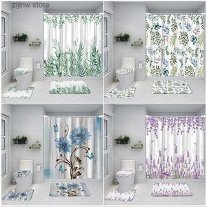 Douchegordijnen Bloemen Douchegordijn Set Aquarel Bloemen Vlinder Groene Plant Bladeren Modern Huis Badkamer Decor Badmatten Wc Deksel Cover Y240316