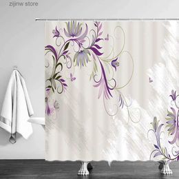 Douchegordijnen Bloemen Douchegordijnen Decor Bloemen Vlinder Natuur Lente Plant Handtekening Violet Lila Mauve Stof Badkamer Decor met Haken Y240316