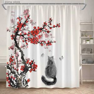 Rideaux de douche Rideaux de douche floraux encre rouge fleur de prunier chat noir papillon style chinois rideau de bain polyester décor de salle de bain avec crochets Y240316
