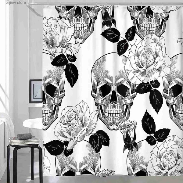 Rideaux de douche Rideau de douche crâne floral noir et blanc squelette fleurs roses rideaux d'Halloween tissu polyester décor de salle de bain avec crochets Y240316
