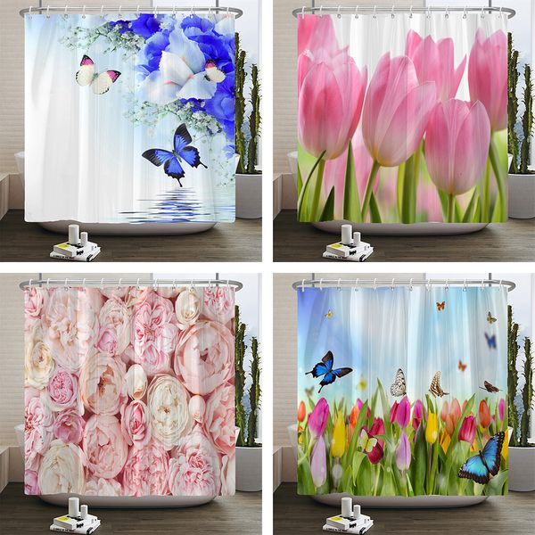 Rideaux de douche Floral tulipe impression fleur rideau de douche tissu polyester imperméable rideau de salle de bain avec crochets 180x180cm rideau décoratif 230518
