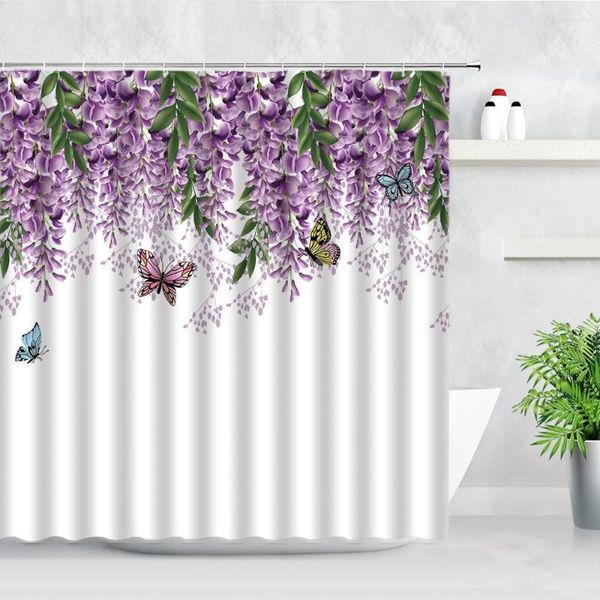 Cortinas de ducha, cortina blanca Floral, flor 3D, mariposa, lavanda, planta verde, decoración de pantalla de baño, accesorios de baño de poliéster impermeables