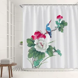 Rideaux de douche Rideau d'impression de fleurs et d'oiseaux Peinture à l'encre chinoise Floral Animal Paons Décor d'écran en bambou Crochets de baignoire de toilette