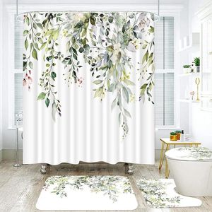 Rideaux de douche fleur et plante pour salle de bain en tissu imperméable rideau de bain avec crochets décor de tapis de sol 180x180 cm