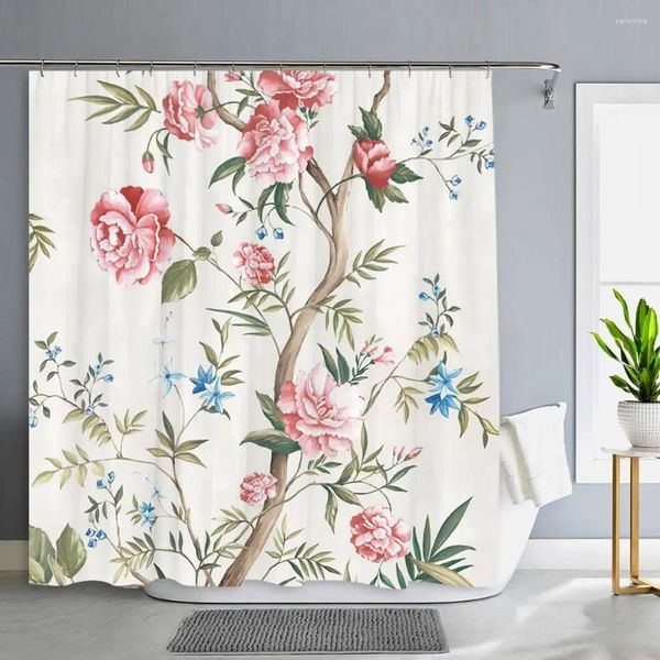 Rideaux de douche Fleur Oiseau Rideau Botanique Feuille Décor À La Maison Tissu Polyester Lavable Salle De Bain Avec Crochets