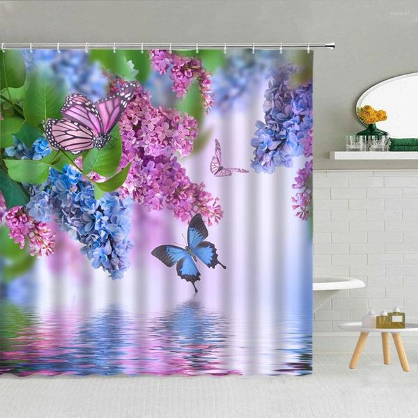 Rideaux de douche fleur papillon rideau de feuille verte rose tournesol rayures blanches noires tissu tissu salle de bain fournitures avec décoration de crochet