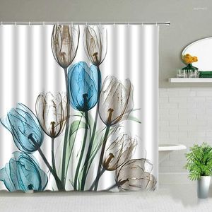 Cortinas de ducha Cortina de flores Patrón de planta Impresión Paisaje Decoración de baño Tela impermeable Bañera con gancho