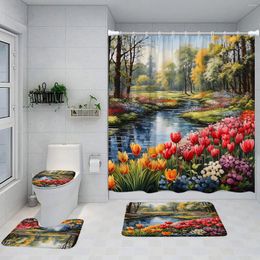 Rideaux de douche rideau de fleur printemps flowers sauvages colorés peinture à l'huile Tulip Ferme River Bathroom Mat Toilet Couvercle Accessoires