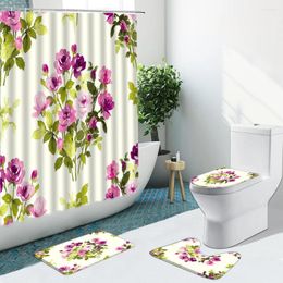 Rideaux de douche fleur feuille verte peinte à la main peinte florale non glissée tapis de flanelle couvercle de toilette Baignier de salle de bain intérieur décor de salle de bain