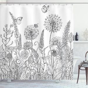 Douchegordijnen bloem handgeschilderde zwart witte planten bloemen paardenbloem vlinder blad prints badkamer decor stof