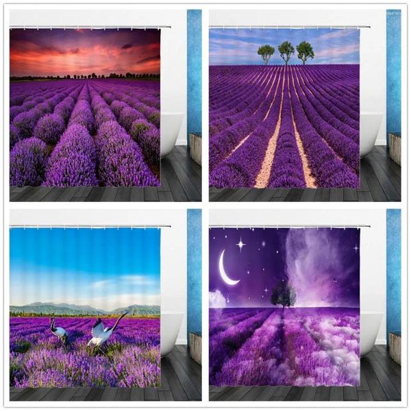 Cortinas de ducha Paisaje de flores Lavanda púrpura Impreso en 3D Baño Decoración para el hogar Cortina de baño Conjunto de tela de poliéster impermeable