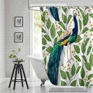 Douchengordijnen Bloemboomveer Aziatische plantenvogel Gordijn Peacock Gedrukte polyester stof Waterdichte badkamer met haken