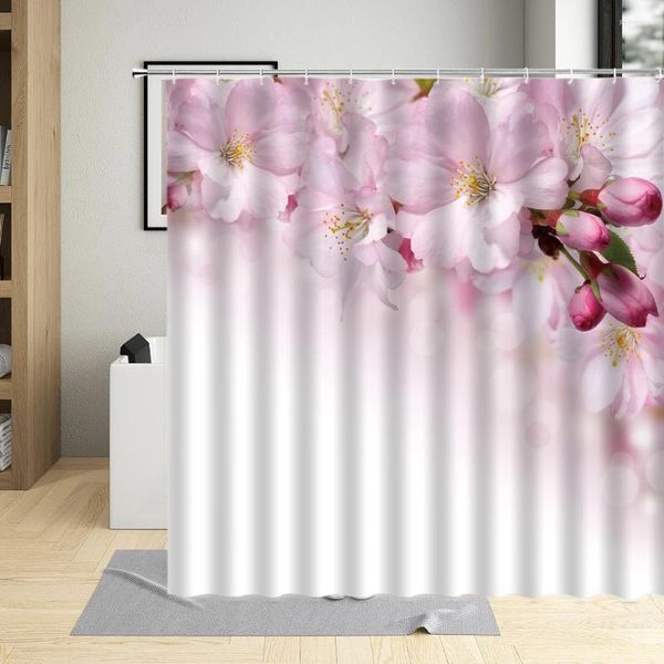 Rideaux de douche fleurisant pêche fleur rideau rose plante florale fleur art art intérieur décoration étanche de salle de bain en tissu imperméable avec crochets