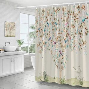 Rideaux de douche fleurs oiseaux créatif rose arbre à fleurs plante Style chinois Art Polyester tissu salle de bain décor ensemble de rideau de bain