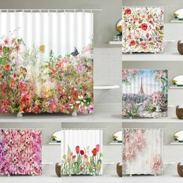 Cortinas de ducha Flores Patrón de mariposa Baño Cortina de baño de poliéster impermeable con 12 ganchos