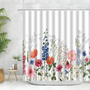 Douchegordijnen Bloemen Kleurrijk Wit Gordijn Haken Handgeschilderde Vlinder Bloemen Plant Badkamer Polyester Stof Home Decor