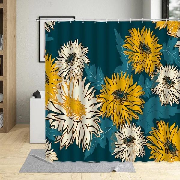 Cortinas de ducha Cortina de flores Margarita Blanco Color amarillo Hoja floral Patrón de planta Decoración de baño Conjunto de tela de poliéster con ganchos