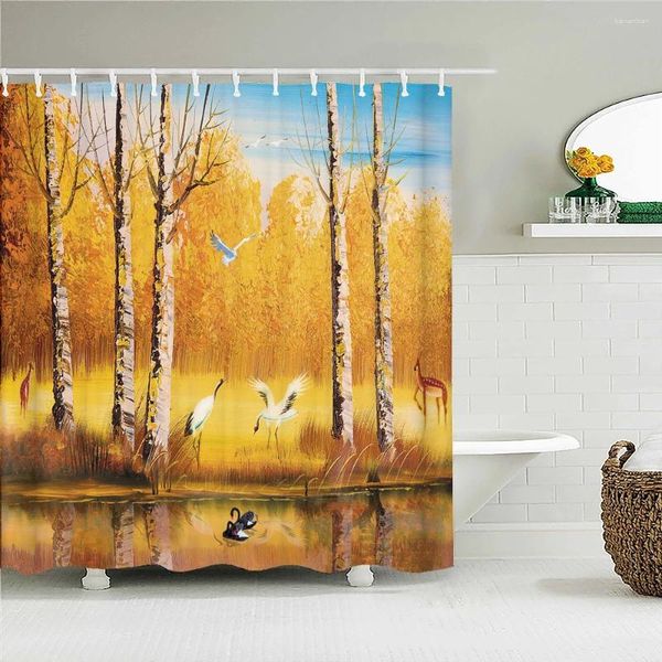 Rideaux de douche fleurs peinture à l'huile de paysage rideau rideau imperméable des arbres forestiers pour la salle de bain décor 10 avec crochets