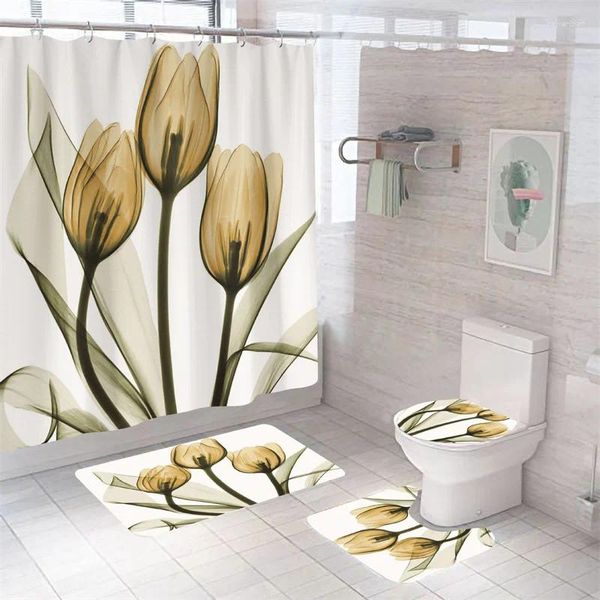 Rideaux de douche imprimés de fleurs, style nordique, imperméable, antidérapant, ensemble de tapis de plantes, décoratif de salle de bain, de toilette