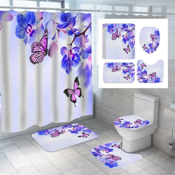 Rideaux de douche Rideau de douche à fleurs 3D feuilles de bain florales rideau de bain tapis de toilette imperméable tapis en Polyester pour salle de bain décorative