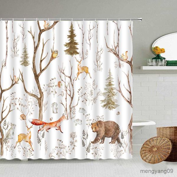 Rideaux de douche Animaux de la forêt rideaux de douche oiseau renne renard écureuil ours faune plantes peinture décor à la maison salle de bain rideau ensemble R230830