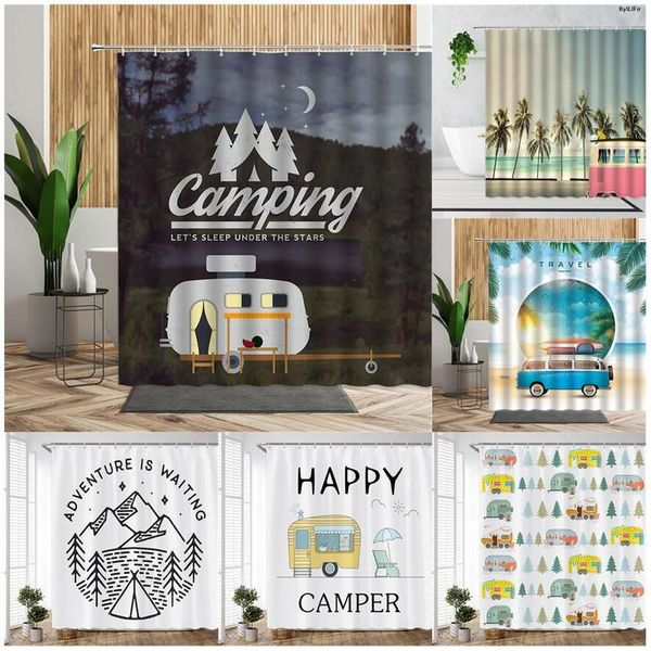 Cortinas de ducha Forest Camping Poster Cortina Camper Car Woods Baño Decoraciones de baño Paisaje al aire libre Telón de fondo de tela 3D Room Set 220922